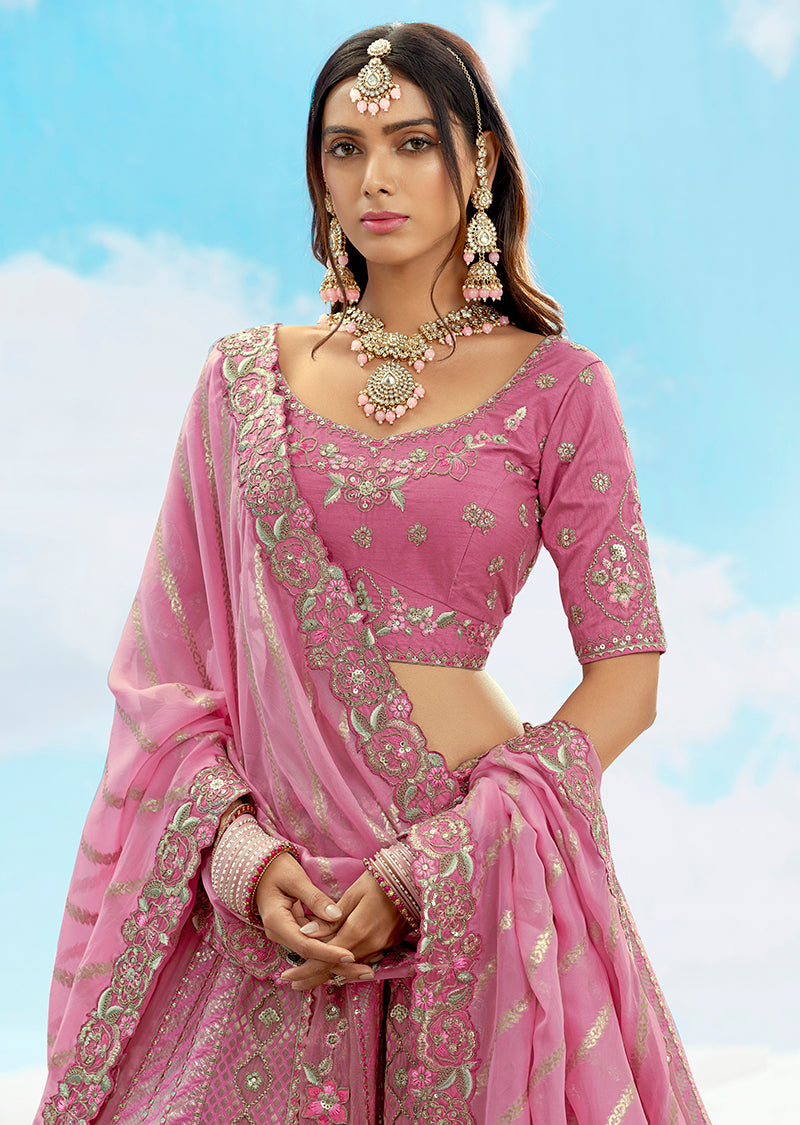 Monjolika Fashion Embroidered Onion Pink Silk Reception Lehenga Choli - Swadesiicart