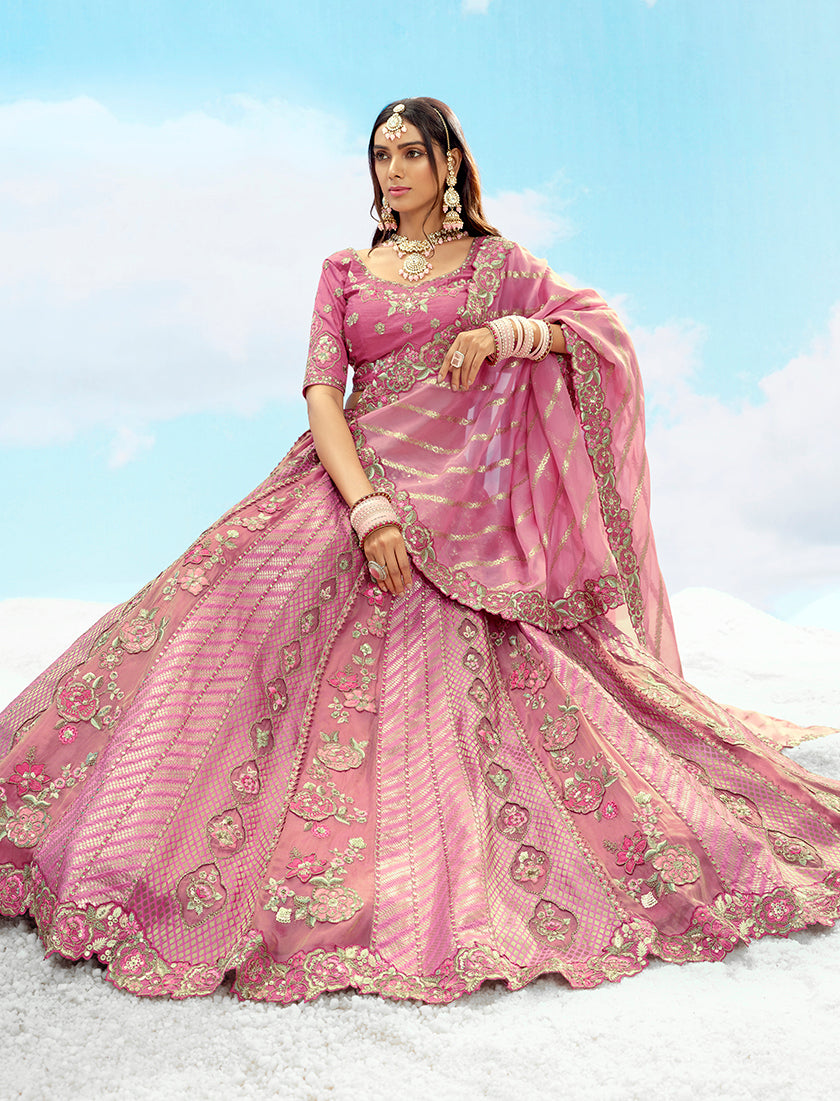 Monjolika Fashion Embroidered Onion Pink Silk Reception Lehenga Choli - Swadesiicart