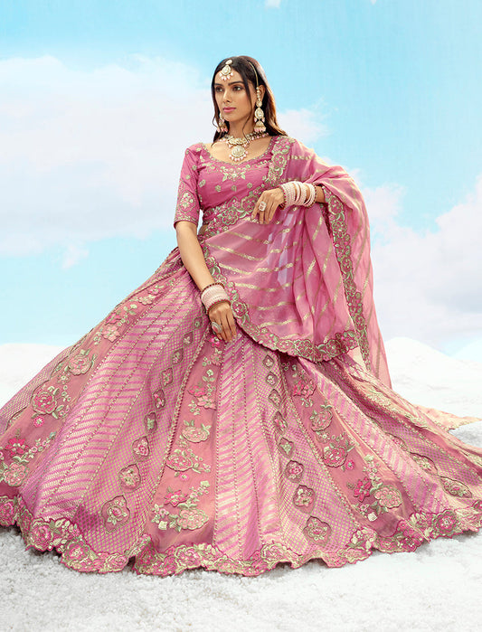 Monjolika Fashion Embroidered Onion Pink Silk Reception Lehenga Choli - Swadesiicart