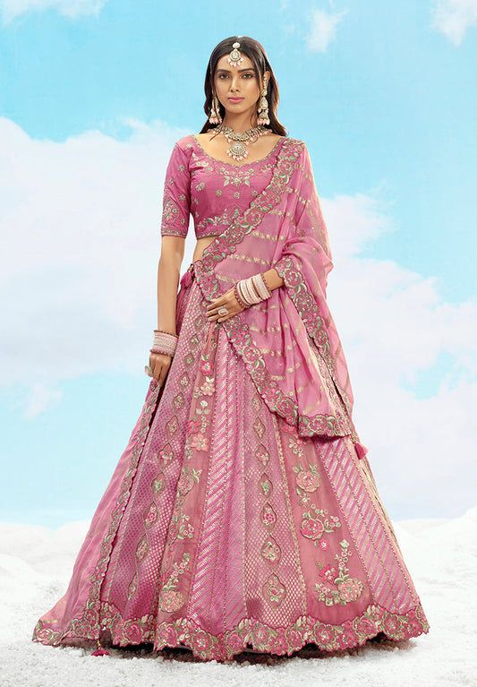 Monjolika Fashion Embroidered Onion Pink Silk Reception Lehenga Choli - Swadesiicart