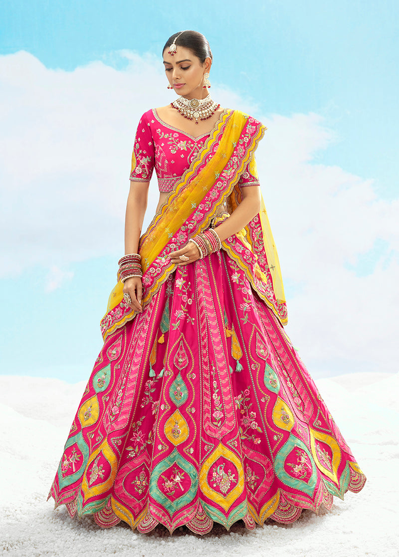Monjolika Fashion Rani Pink Silk Embroidered Reception Lehenga Choli - Swadesiicart