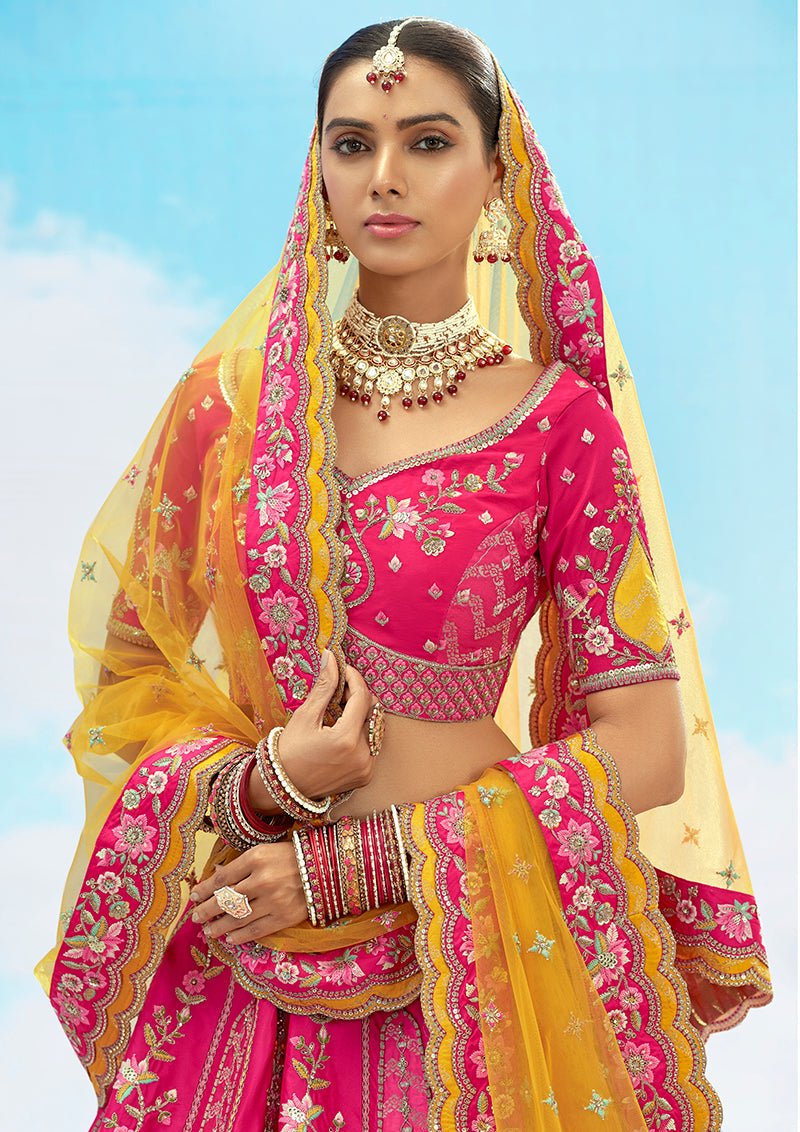 Monjolika Fashion Rani Pink Silk Embroidered Reception Lehenga Choli - Swadesiicart