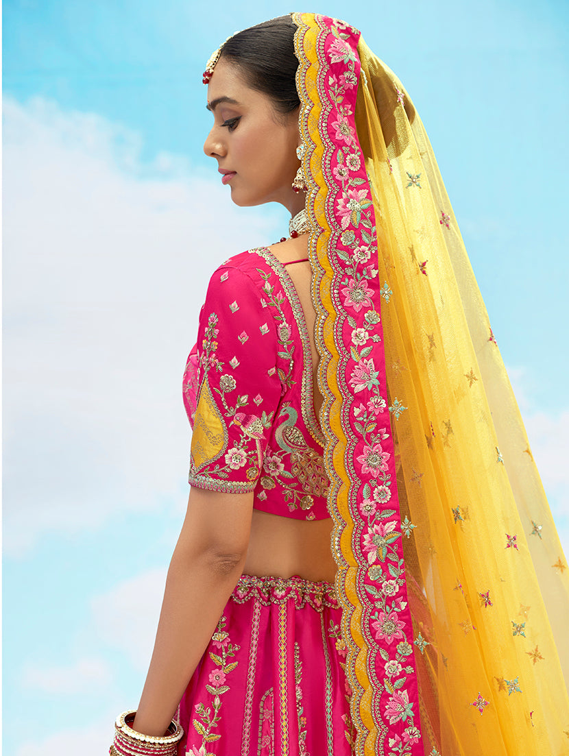 Monjolika Fashion Rani Pink Silk Embroidered Reception Lehenga Choli - Swadesiicart