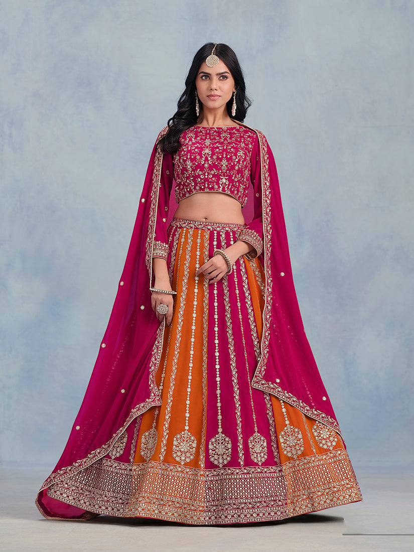 Monjolika Fashion Rani Pink Embroidered Faux Georgette Lehenga Choli - Swadesiicart