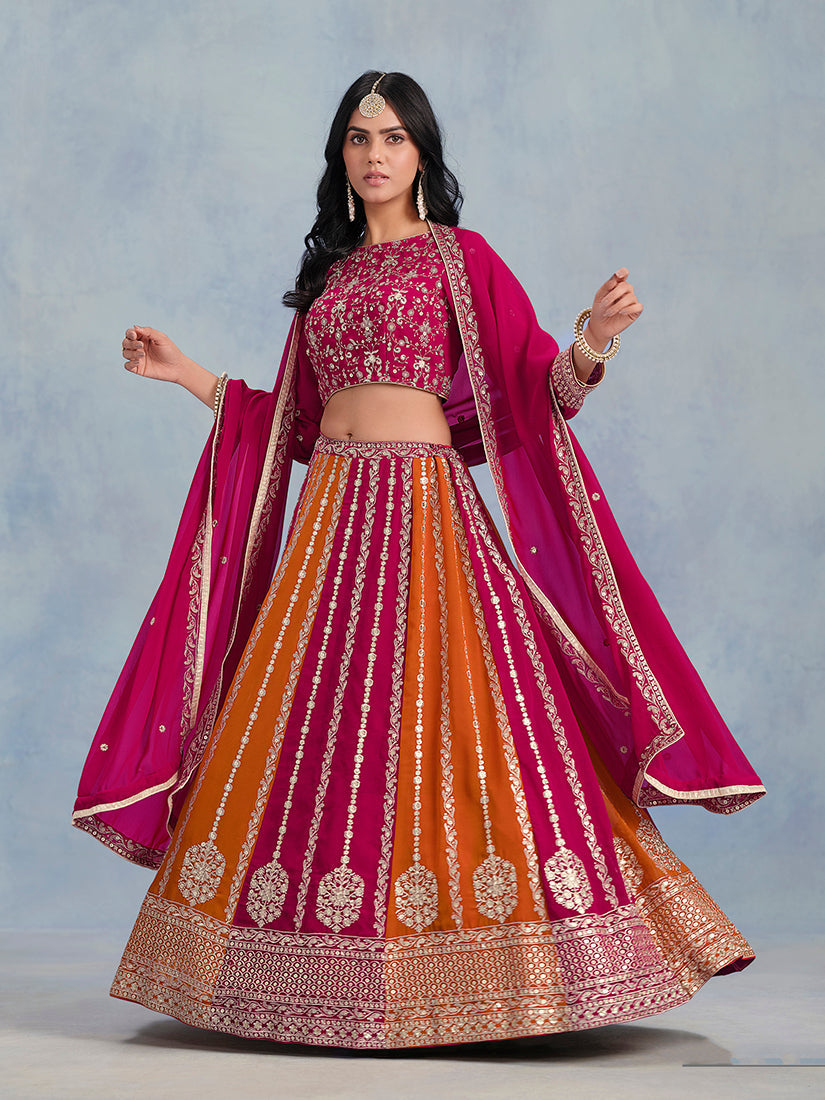Monjolika Fashion Rani Pink Embroidered Faux Georgette Lehenga Choli - Swadesiicart