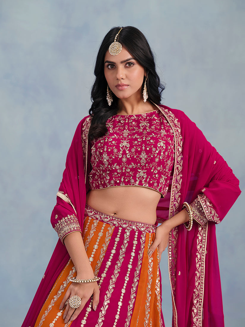 Monjolika Fashion Rani Pink Embroidered Faux Georgette Lehenga Choli - Swadesiicart