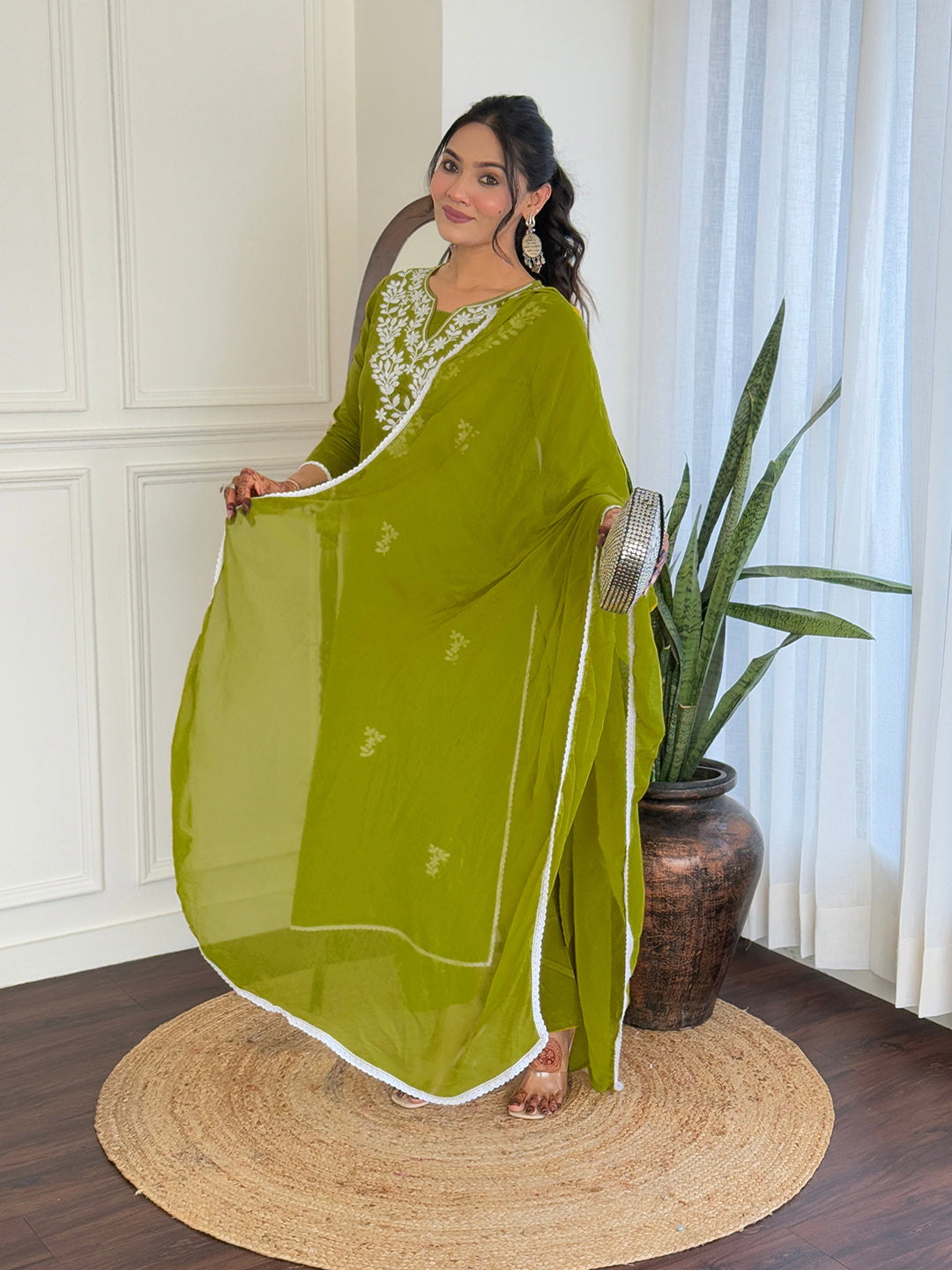 The52 Gorgeous Chikankari Work with Pure Cotton Fabric Straight Kurta, Pant and Dupatta Set | Swadesiicart