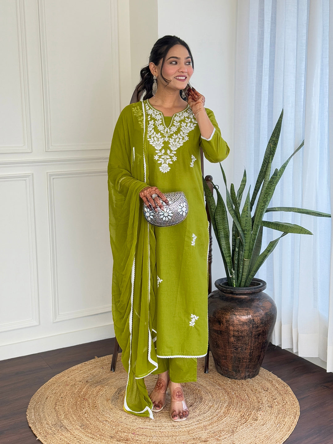 The52 Gorgeous Chikankari Work with Pure Cotton Fabric Straight Kurta, Pant and Dupatta Set | Swadesiicart