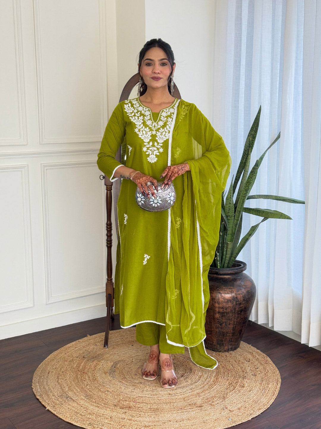 The52 Gorgeous Chikankari Work with Pure Cotton Fabric Straight Kurta, Pant and Dupatta Set | Swadesiicart
