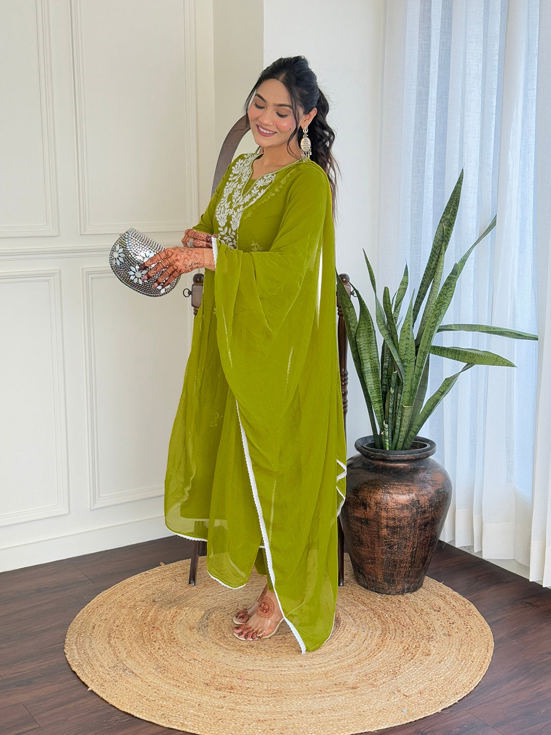The52 Gorgeous Chikankari Work with Pure Cotton Fabric Straight Kurta, Pant and Dupatta Set | Swadesiicart