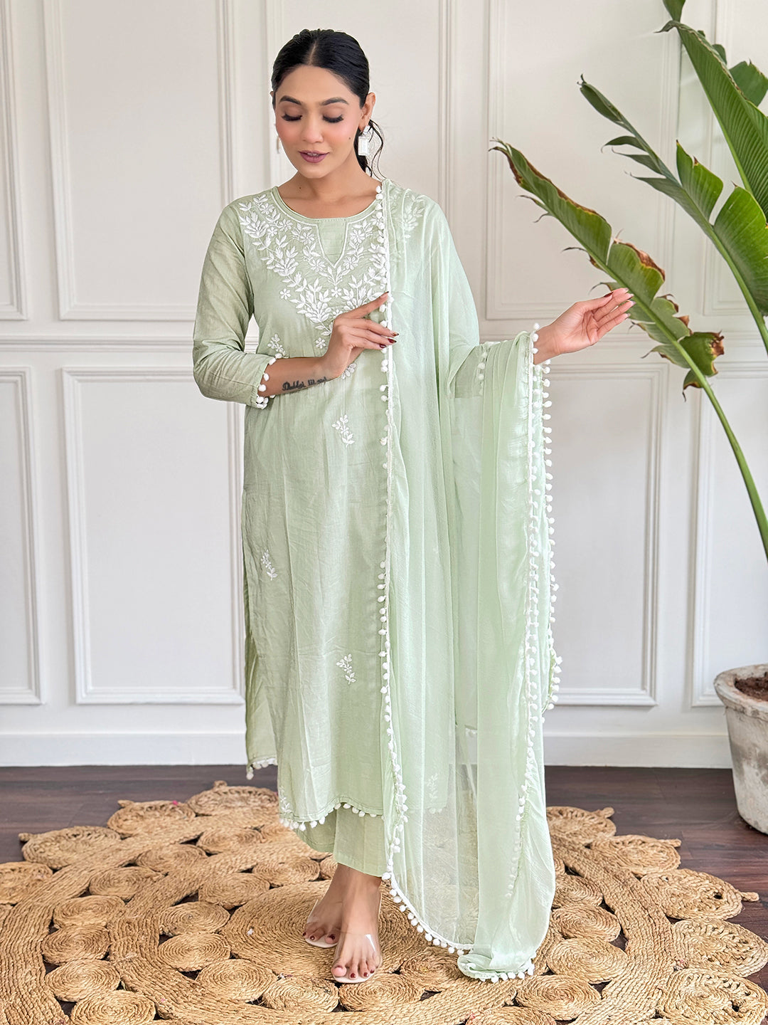 The52 Gorgeous Chikankari Work with Pure Cotton Fabric Straight Kurta, Pant and Dupatta Set | Swadesiicart
