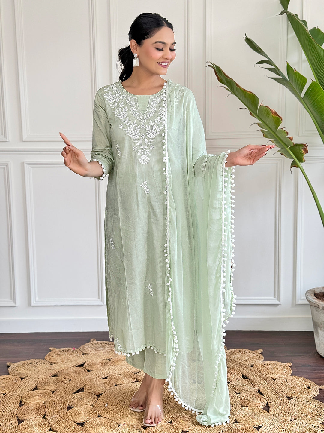 The52 Gorgeous Chikankari Work with Pure Cotton Fabric Straight Kurta, Pant and Dupatta Set | Swadesiicart