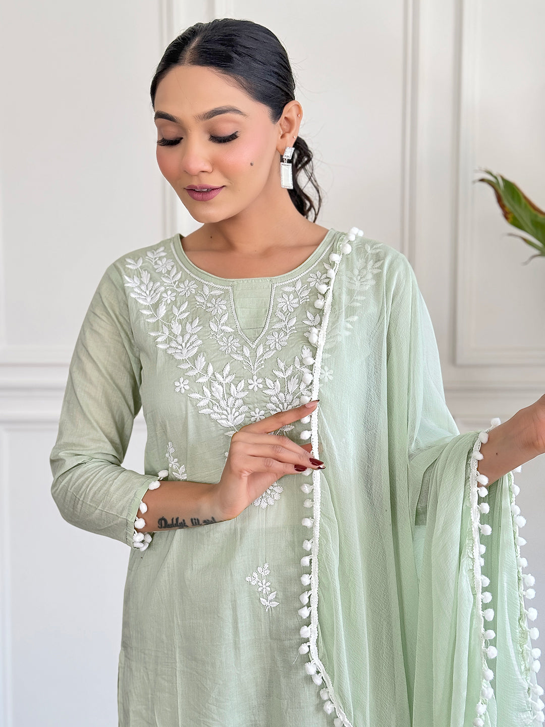 The52 Gorgeous Chikankari Work with Pure Cotton Fabric Straight Kurta, Pant and Dupatta Set | Swadesiicart