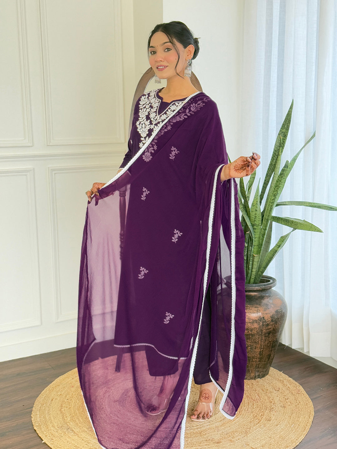 The52 Gorgeous Chikankari Work with Pure Cotton Fabric Straight Kurta, Pant and Dupatta Set | Swadesiicart