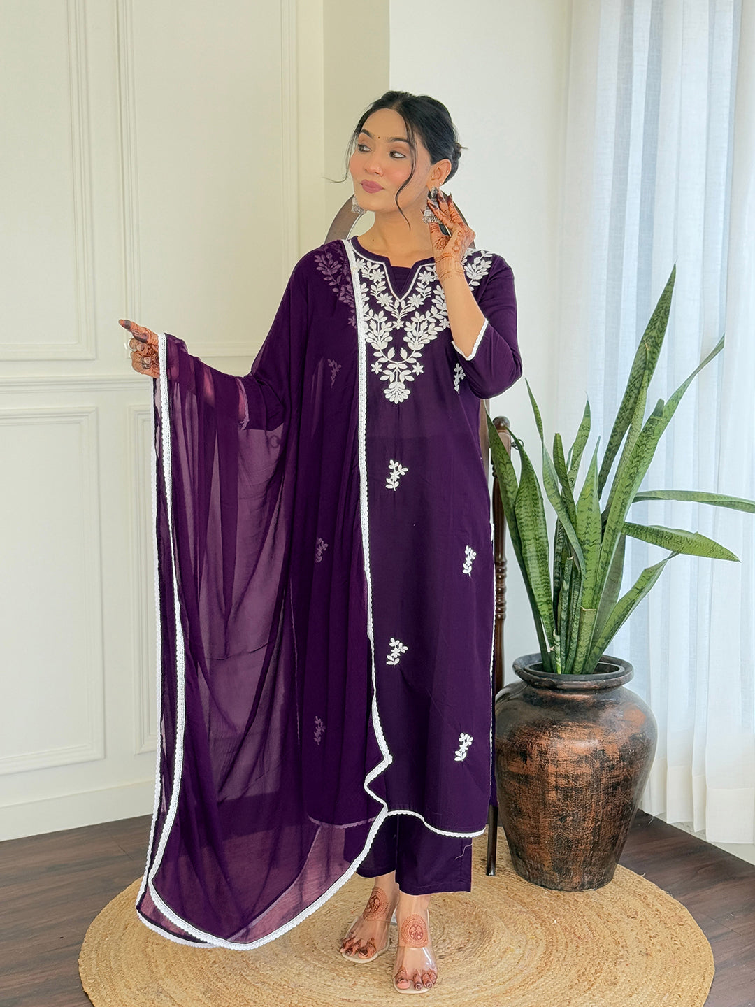 The52 Gorgeous Chikankari Work with Pure Cotton Fabric Straight Kurta, Pant and Dupatta Set | Swadesiicart