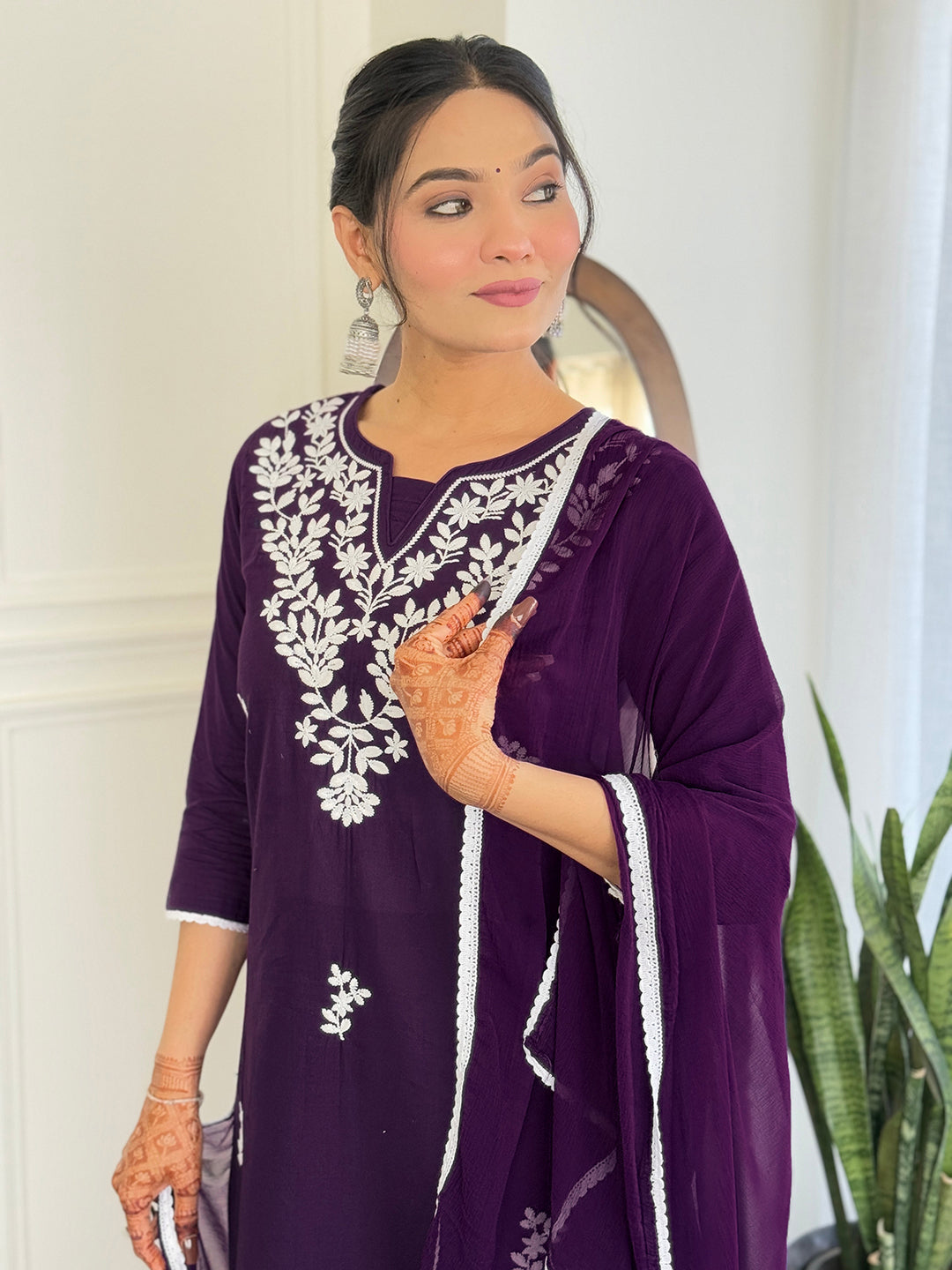 The52 Gorgeous Chikankari Work with Pure Cotton Fabric Straight Kurta, Pant and Dupatta Set | Swadesiicart