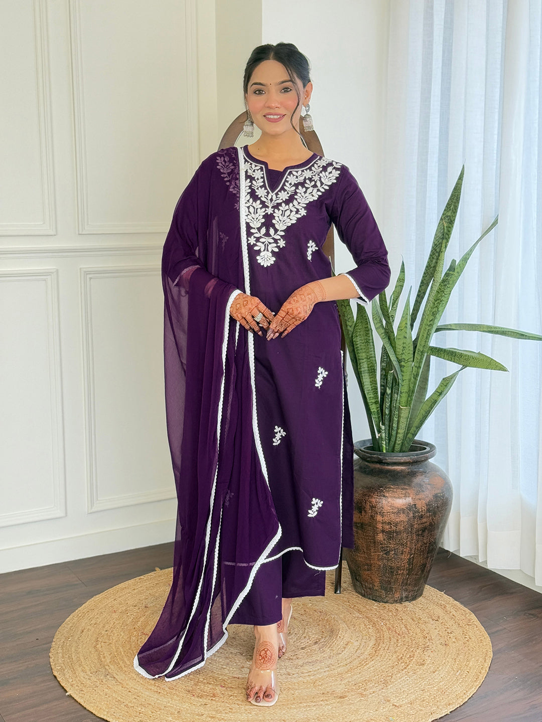 The52 Gorgeous Chikankari Work with Pure Cotton Fabric Straight Kurta, Pant and Dupatta Set | Swadesiicart