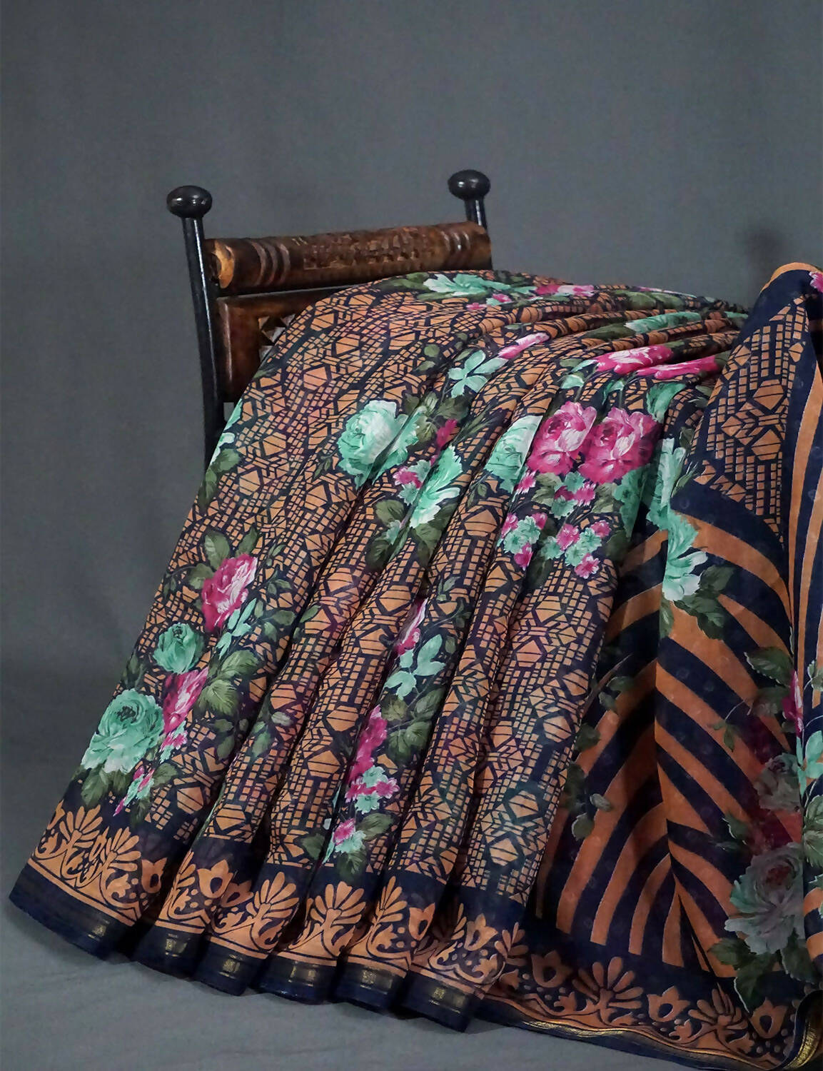 Shades Of Navy Blue Floral Design Semi Chanderi Saree By Gayathri Reddy Designer Studio | Swadesiicart