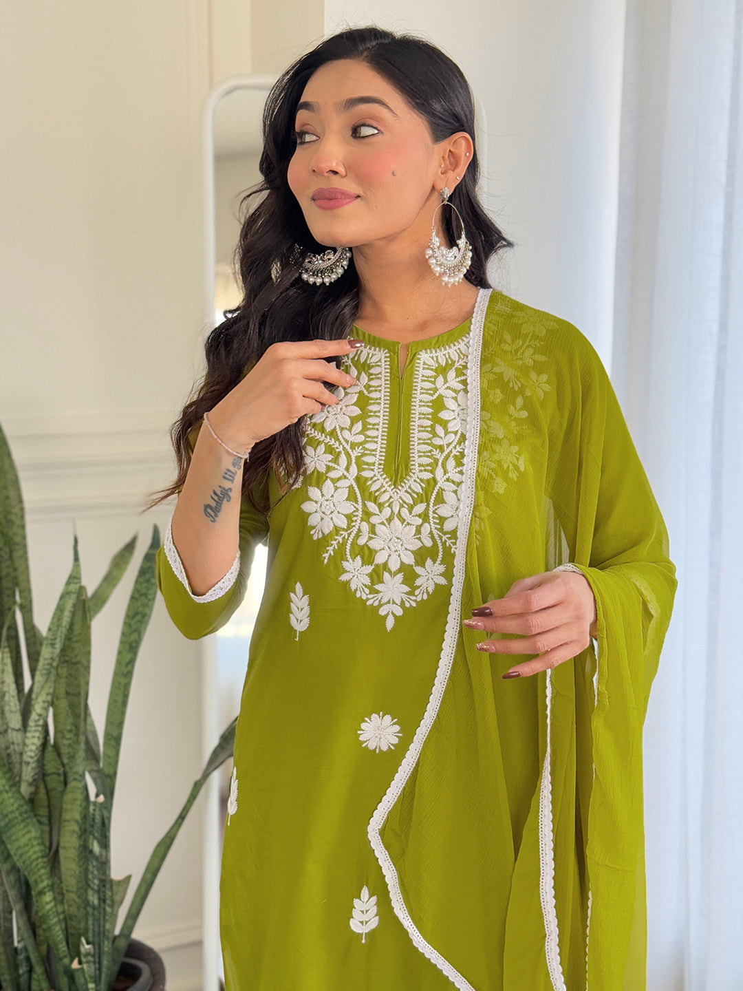 The52 Chikankari Work with Pure Cotton Fabric Straight Kurta, Pant and Dupatta Set | Swadesiicart