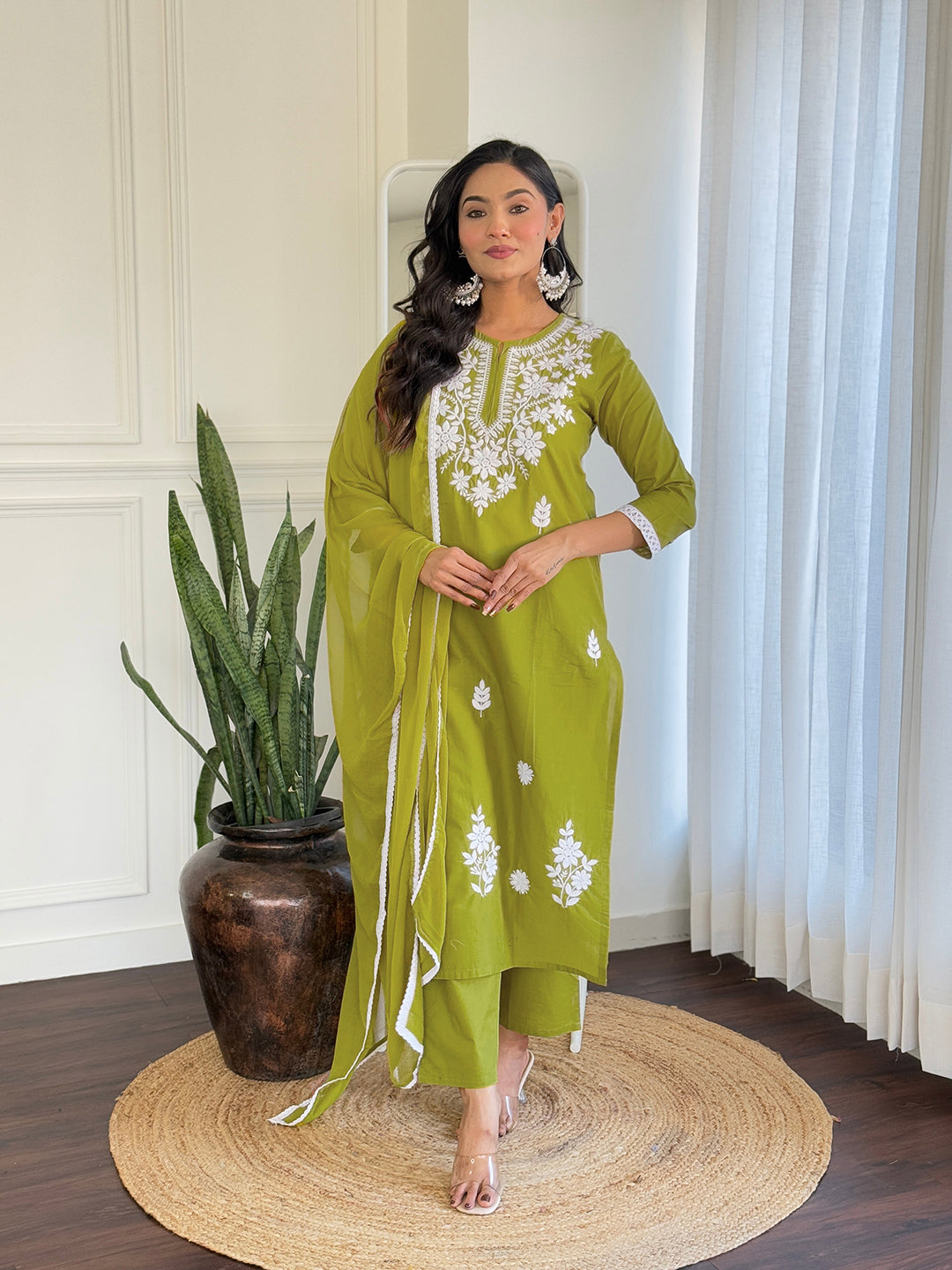 The52 Chikankari Work with Pure Cotton Fabric Straight Kurta, Pant and Dupatta Set | Swadesiicart
