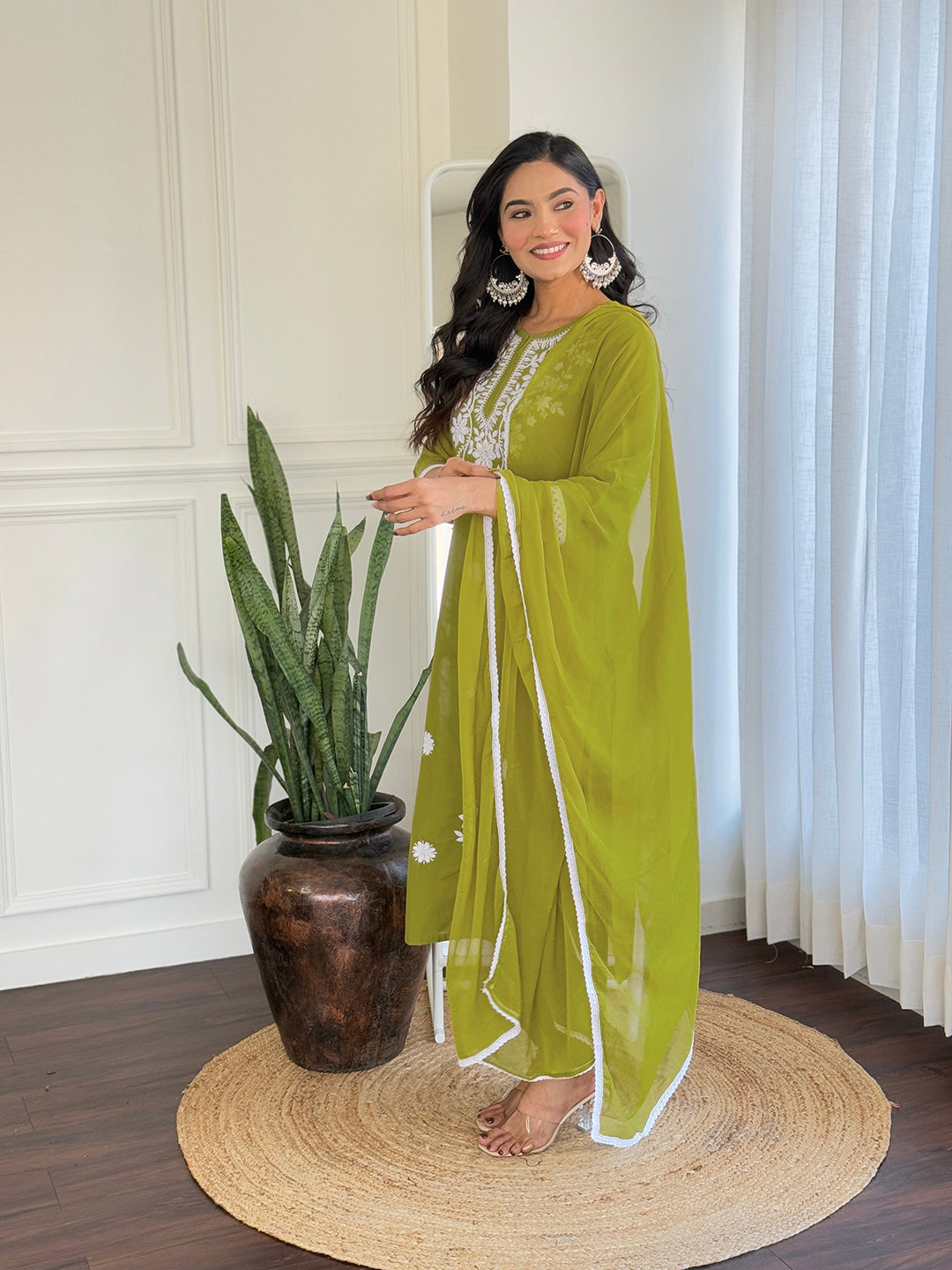 The52 Chikankari Work with Pure Cotton Fabric Straight Kurta, Pant and Dupatta Set | Swadesiicart