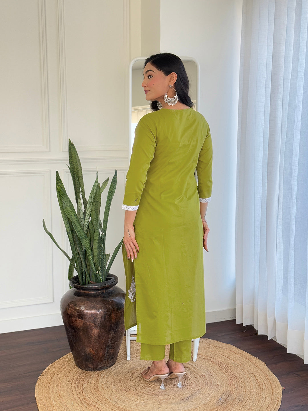 The52 Chikankari Work with Pure Cotton Fabric Straight Kurta, Pant and Dupatta Set | Swadesiicart