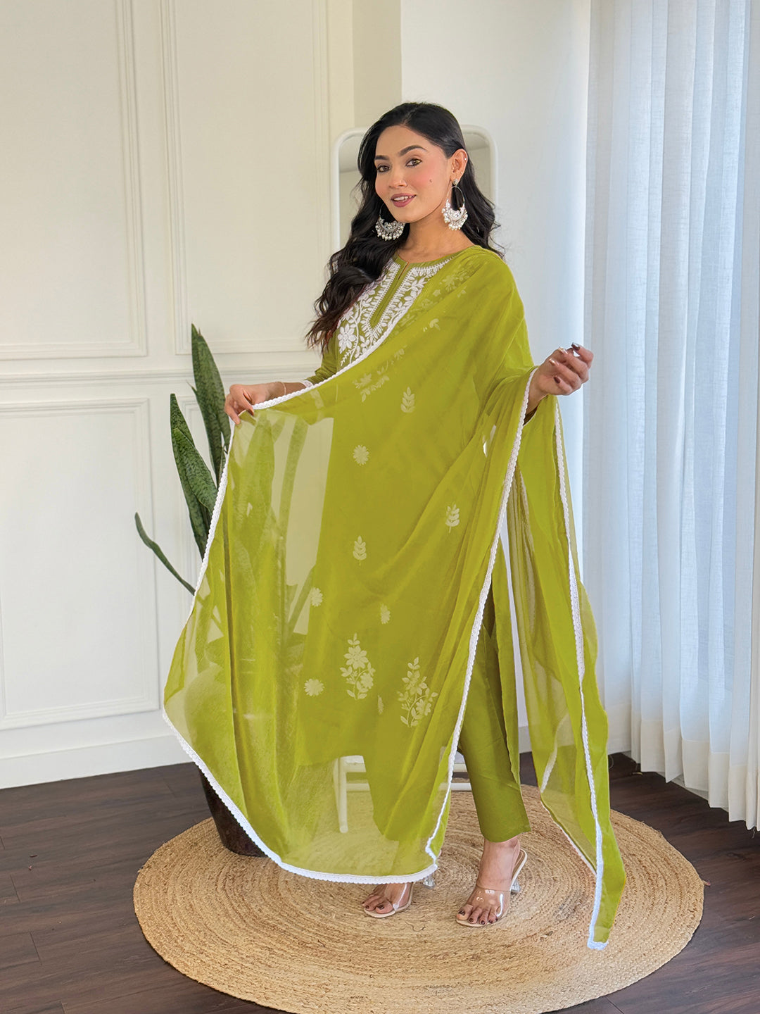 The52 Chikankari Work with Pure Cotton Fabric Straight Kurta, Pant and Dupatta Set | Swadesiicart