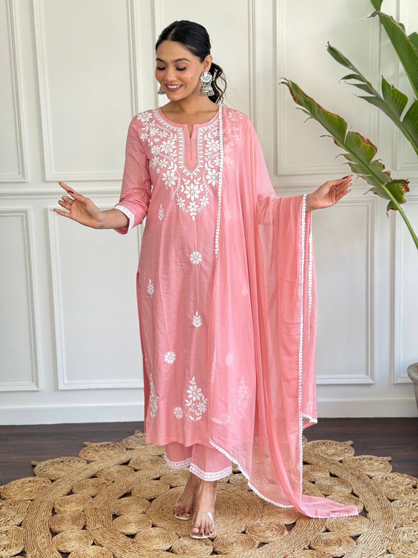The52 Chikankari Work with Pure Cotton Fabric Straight Kurta, Pant and Dupatta Set | Swadesiicart