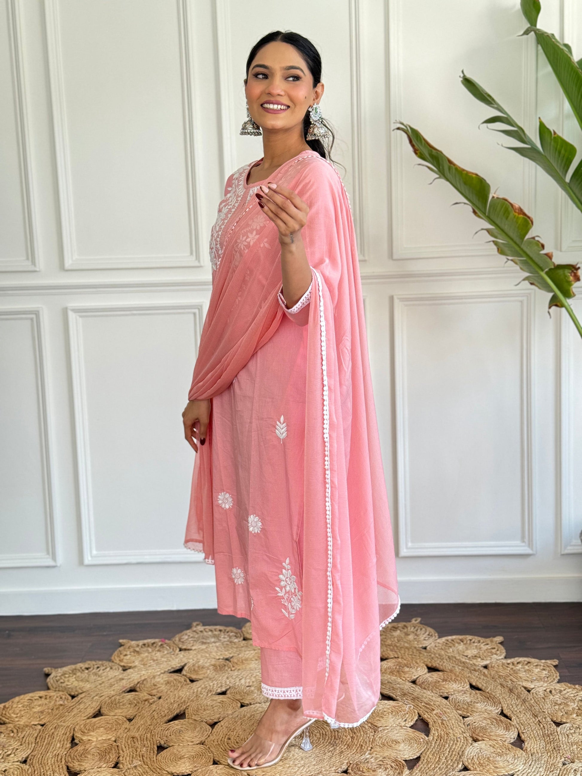 The52 Chikankari Work with Pure Cotton Fabric Straight Kurta, Pant and Dupatta Set | Swadesiicart