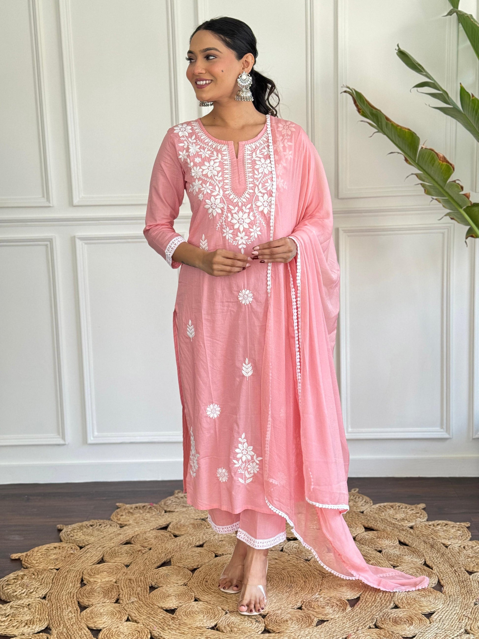 The52 Chikankari Work with Pure Cotton Fabric Straight Kurta, Pant and Dupatta Set | Swadesiicart