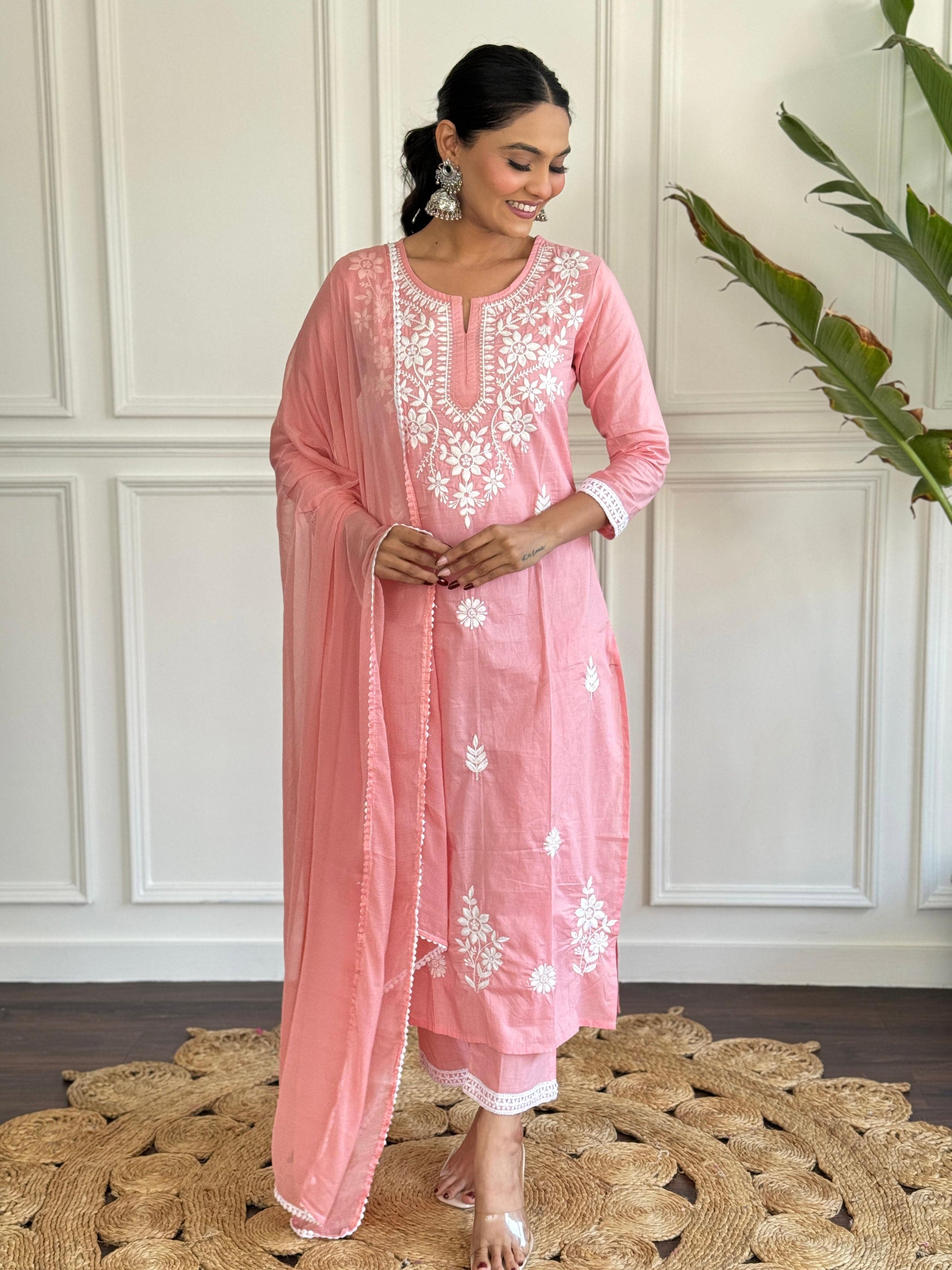 The52 Chikankari Work with Pure Cotton Fabric Straight Kurta, Pant and Dupatta Set | Swadesiicart
