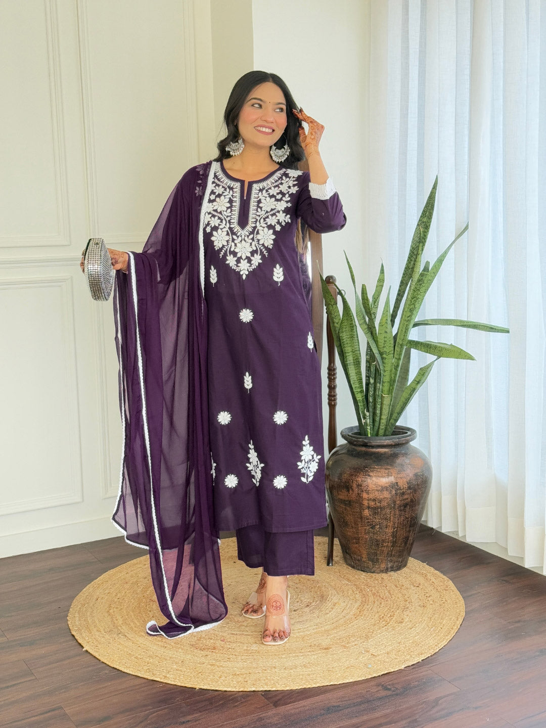 The52 Chikankari Work with Pure Cotton Fabric Straight Kurta, Pant and Dupatta Set | Swadesiicart