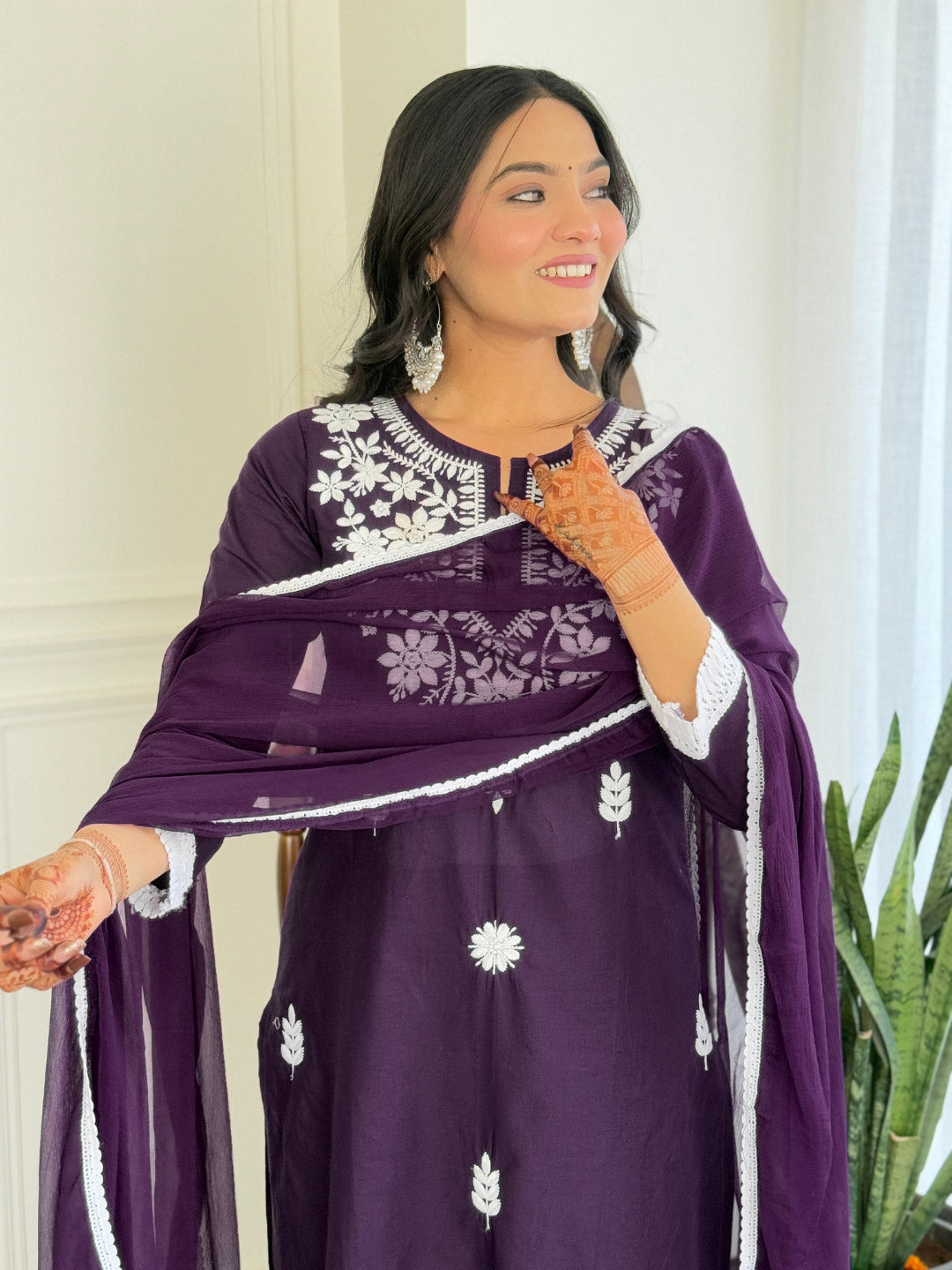 The52 Chikankari Work with Pure Cotton Fabric Straight Kurta, Pant and Dupatta Set | Swadesiicart