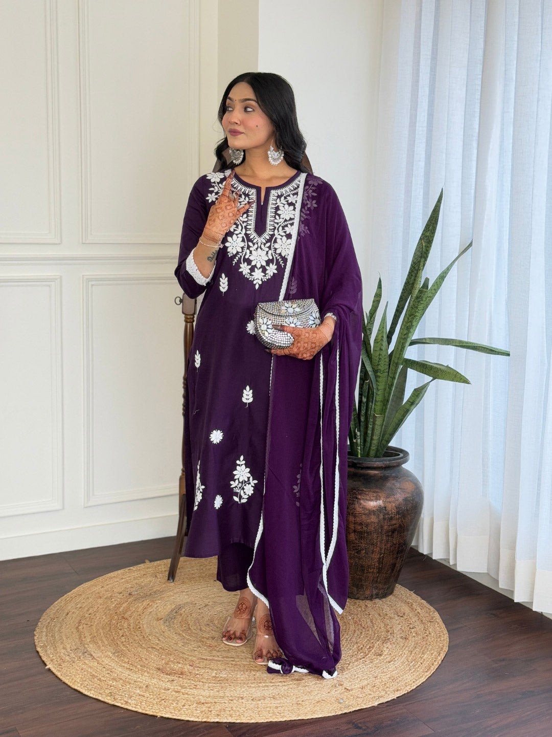 The52 Chikankari Work with Pure Cotton Fabric Straight Kurta, Pant and Dupatta Set | Swadesiicart