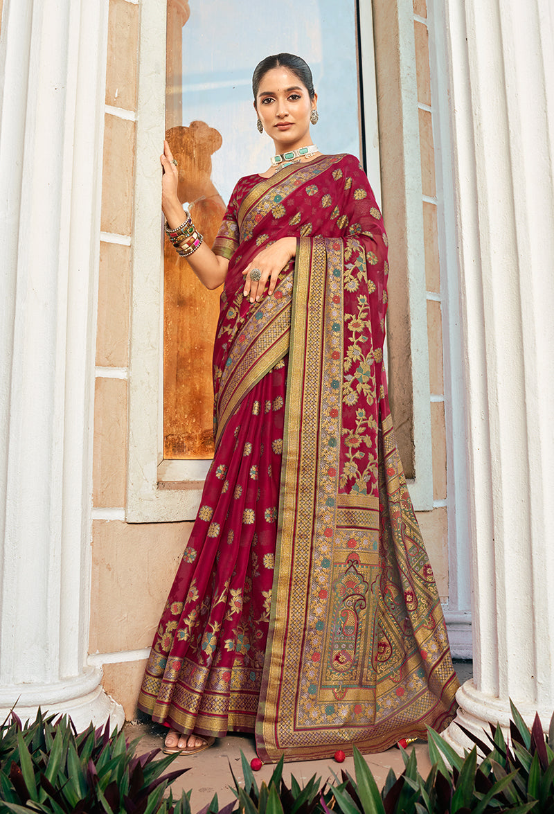 Monjolika Fashion Maroon Poly Viscose Georgette Meenakari Jaal Banarasi Saree | Swadesiicart