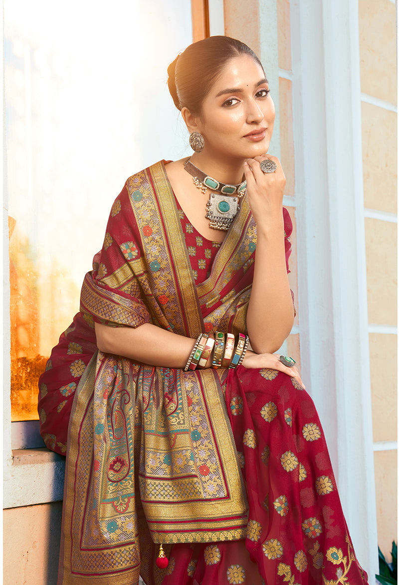 Monjolika Fashion Maroon Poly Viscose Georgette Meenakari Jaal Banarasi Saree | Swadesiicart