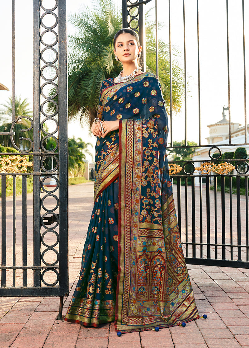 Monjolika Fashion Navy Blue Poly Viscose Georgette Meenakari Jaal Banarasi Saree | Swadesiicart