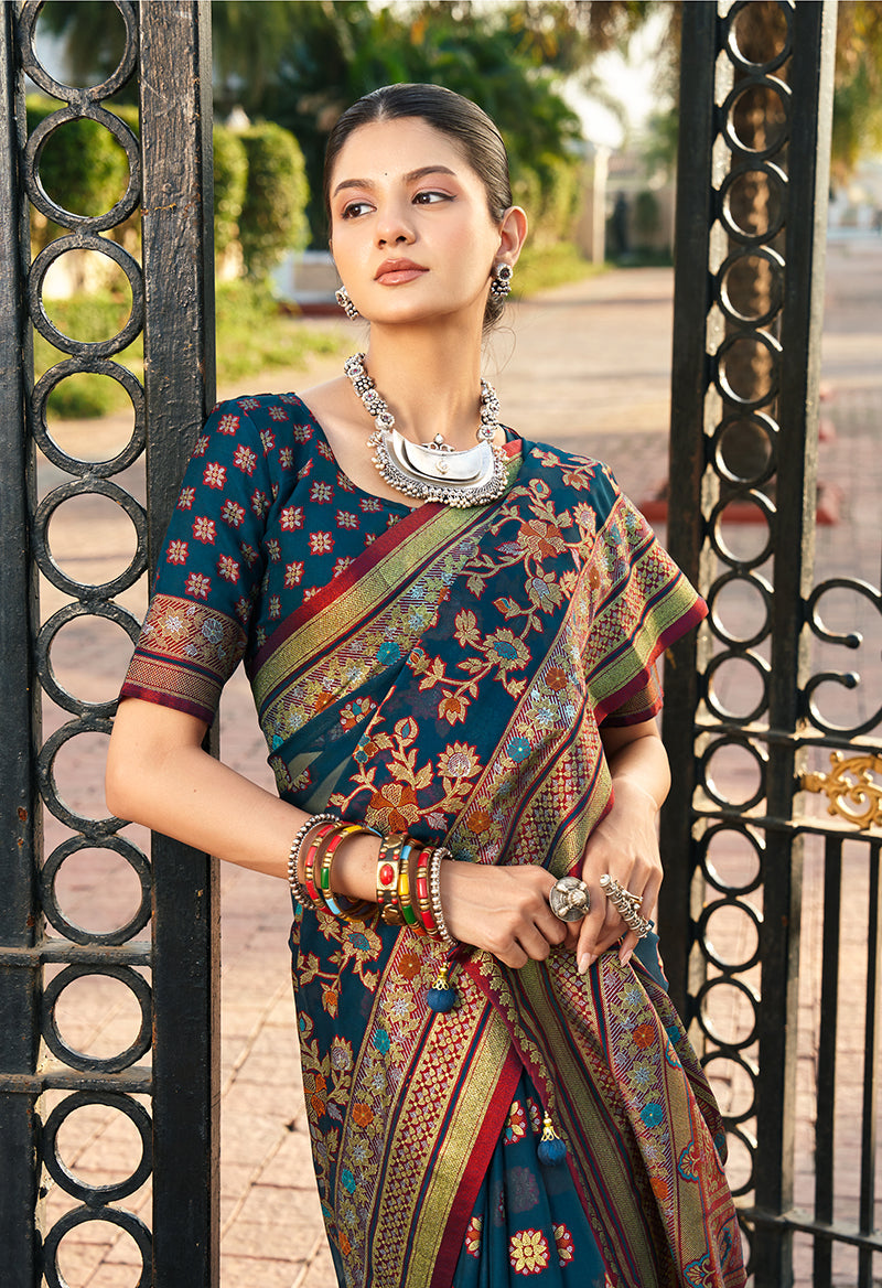 Monjolika Fashion Navy Blue Poly Viscose Georgette Meenakari Jaal Banarasi Saree | Swadesiicart