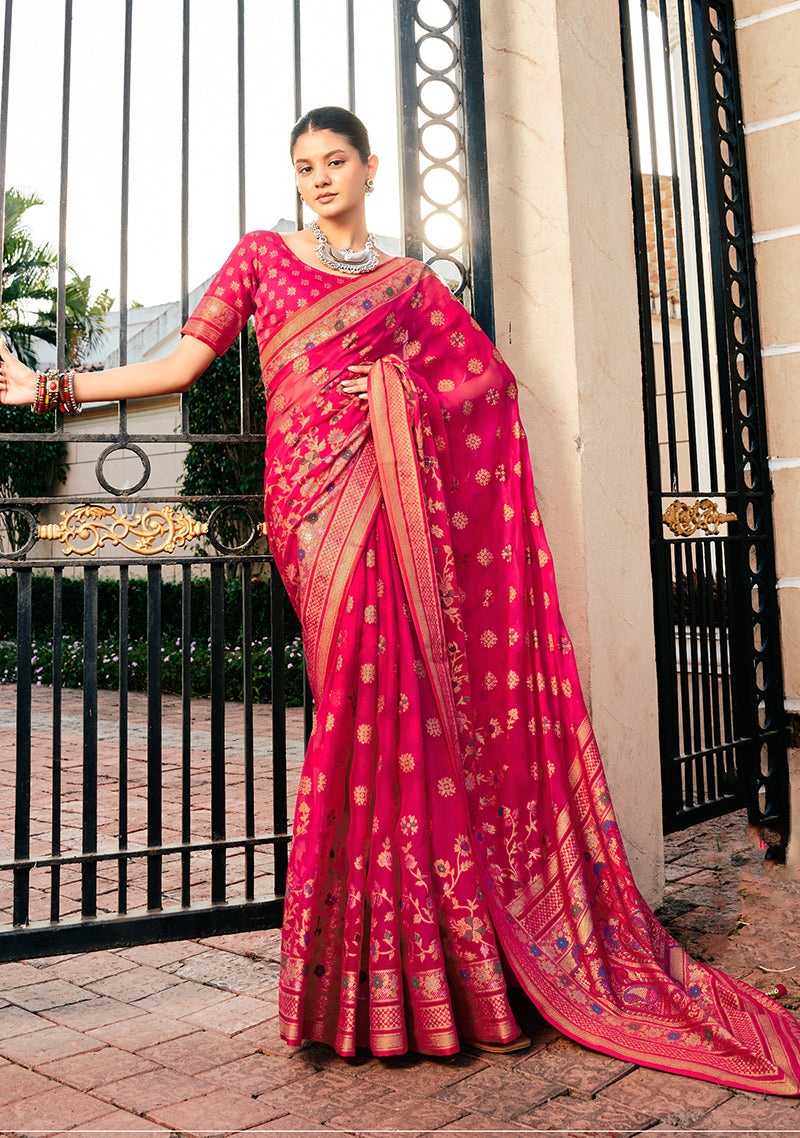 Monjolika Fashion Rani Pink Poly Viscose Georgette Meenakari Jaal Banarasi Saree | Swadesiicart