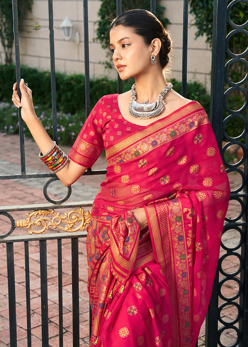 Monjolika Fashion Rani Pink Poly Viscose Georgette Meenakari Jaal Banarasi Saree | Swadesiicart