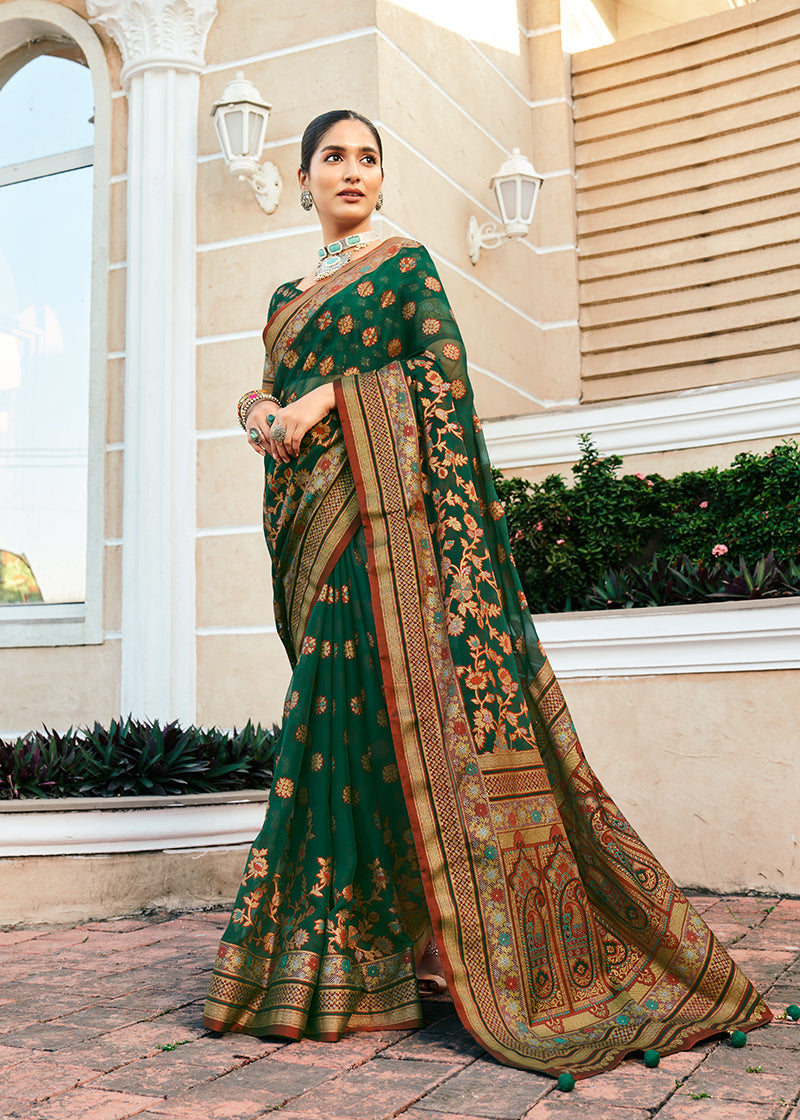 Monjolika Fashion Dark Green Poly Viscose Georgette Meenakari Jaal Banarasi Saree | Swadesiicart