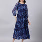 Souchii Navy Blue Floral Layered Chiffon A-Line Midi Dress - SOUCHII