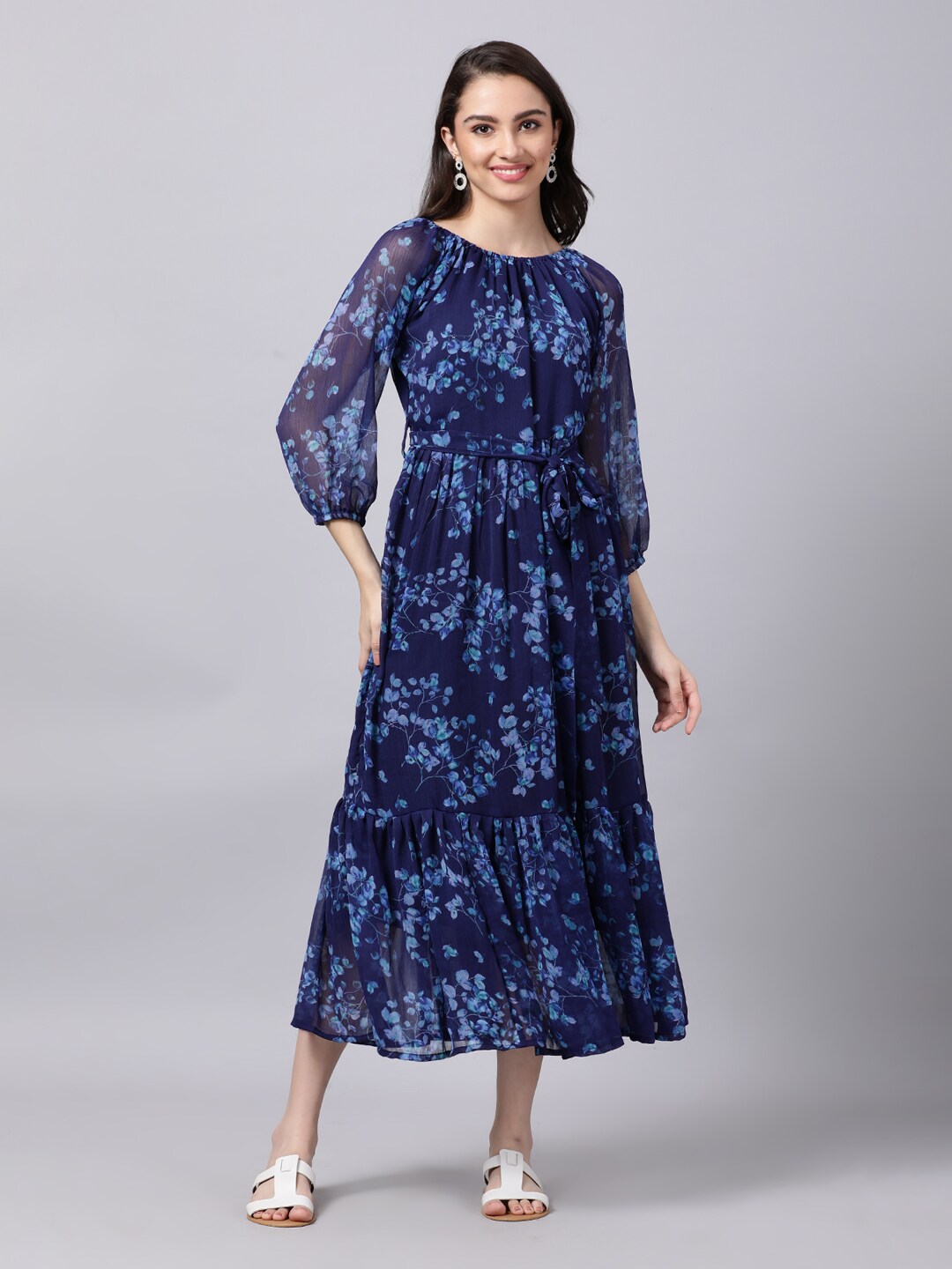 Souchii Navy Blue Floral Layered Chiffon A-Line Midi Dress - SOUCHII