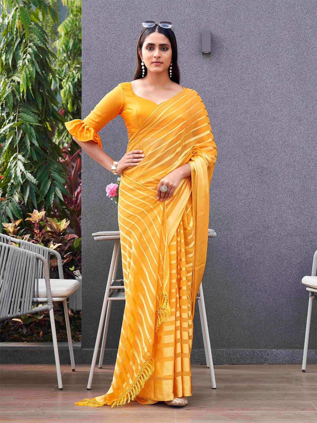 Tikhi Imli Striped Georgette Ready to Wear Saree | Swadesiicart