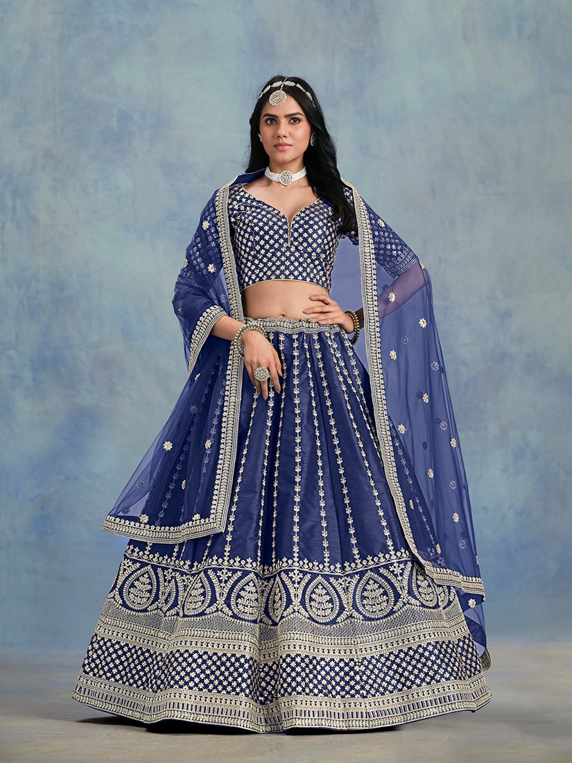Monjolika Fashion Art Silk Embroidered Blue Designer Lehenga Choli - Swadesiicart