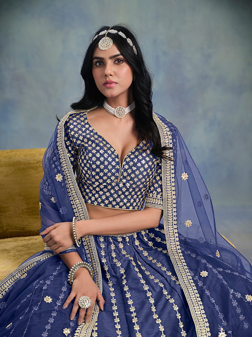 Monjolika Fashion Art Silk Embroidered Blue Designer Lehenga Choli - Swadesiicart