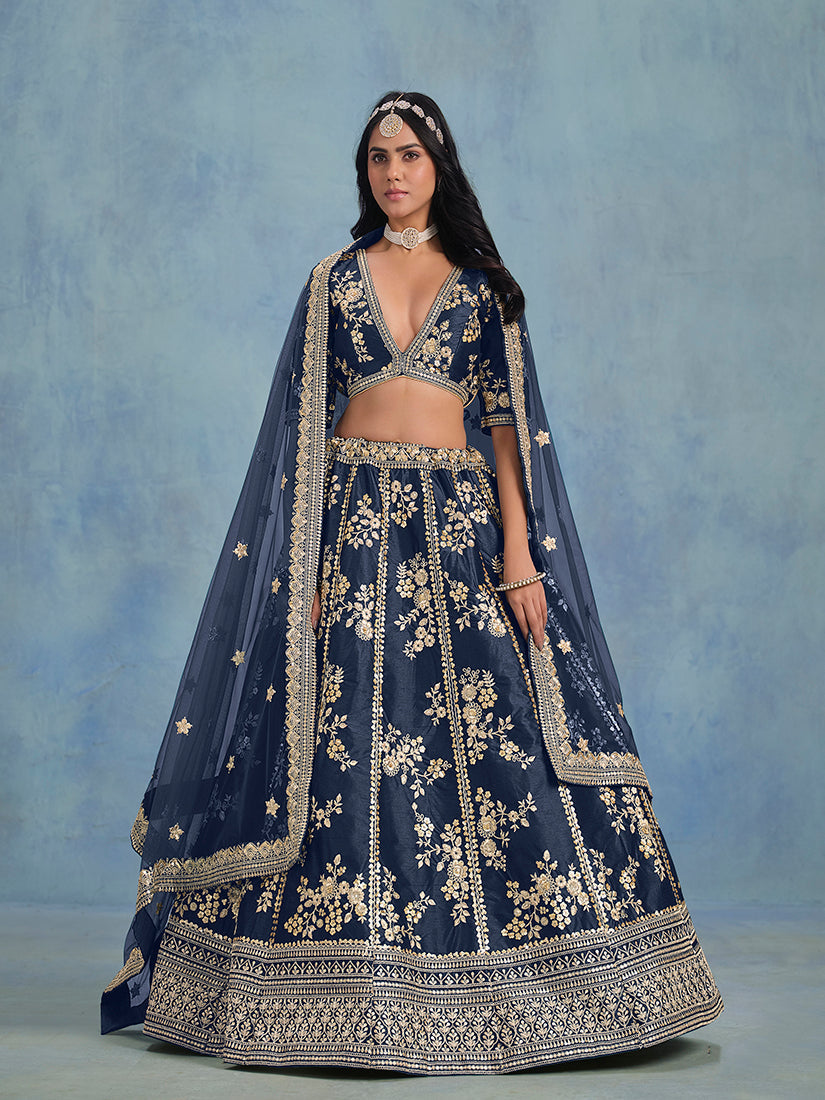 Monjolika Fashion Navy Blue Art Silk Designer Wedding Lehenga Choli - Swadesiicart