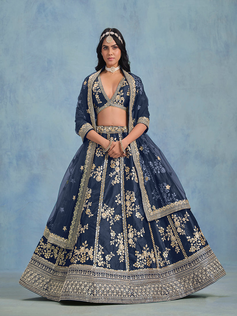 Monjolika Fashion Navy Blue Art Silk Designer Wedding Lehenga Choli - Swadesiicart