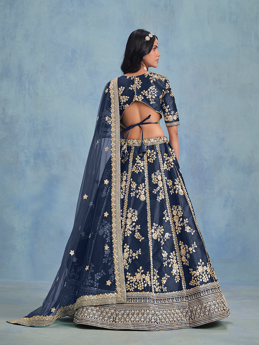 Monjolika Fashion Navy Blue Art Silk Designer Wedding Lehenga Choli - Swadesiicart