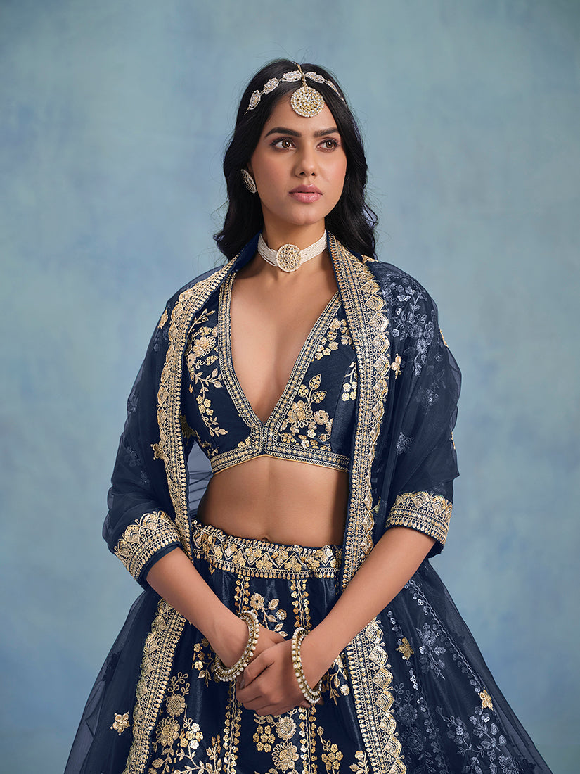 Monjolika Fashion Navy Blue Art Silk Designer Wedding Lehenga Choli - Swadesiicart
